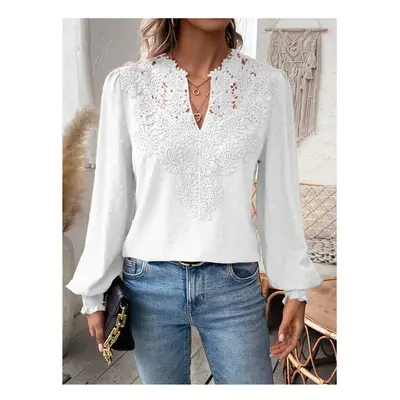 (white, XL) Autumn Women's Clothing New Sexy V-neck Fashion Lace Patchwork Solid Color Shirt Lon