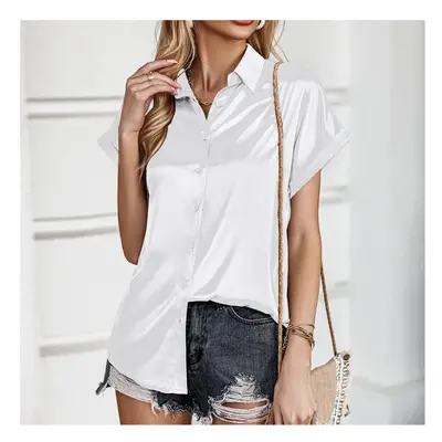 (White, S) Summer Satin Silk Shirts Loose Fashion Women Short Sleeve Tops Mujer Buttons Office L