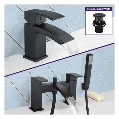 Seirra Shower Handset Mixer, Basin Mixer Tap & Waste Matte Black