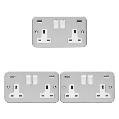 3 PACK Gang 13A Switched UK Plug Socket & 2.1A USB-A HEAVY DUTY METAL CLAD