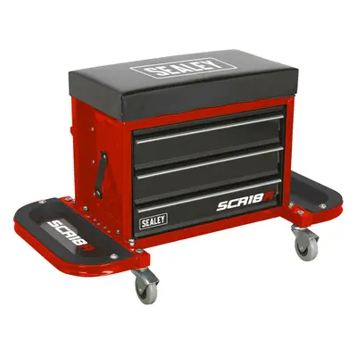 Mechanics Utility Seat & Toolbox - Folding Side Trays - Swivel Castors - Red