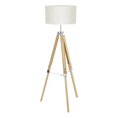 Tripod Floor Lamp Light Wood Leg & Beige Fabric Shade x 60W E27 Bulb