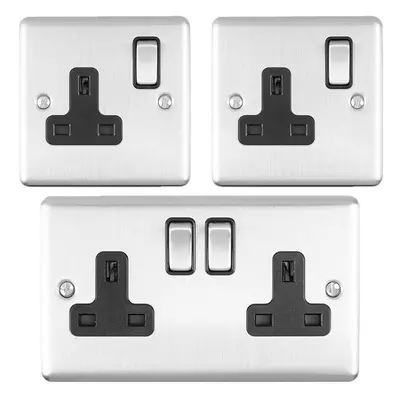 UK Plug Socket Pack -1x Twin & 2x Single Gang- SATIN STEEL / Black 13A Switched