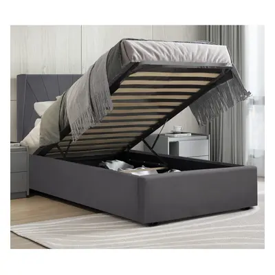 ((3ft Single, Grey)) Velvet Ottoman Bed Frame With Storage