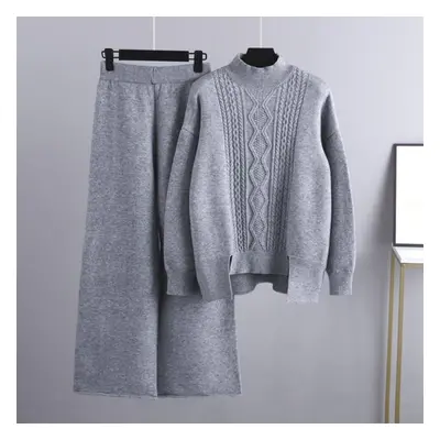 (gray, OneSize) Autumn Winter Half High Collar Solid Color Twist Long Sleeve Sweater Sets For La