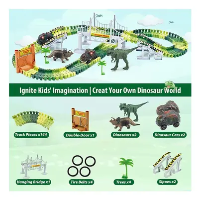 (156PCS) 156pcs Dinosaur Railway Car Track Toy Set DIY Assemble Road Race Set with Flexible Trac