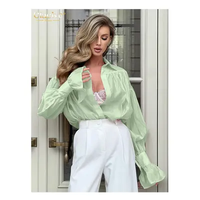 (green, M) Clacive Fashion Loose Pink Office Women's Blouse Elegant Lapel Long Sleeve Shirt Casu