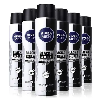 NIVEA MEN Invisible Black & White Original Anti-Perspirant Deodorant Spray Pack of (6 x 250ml), 