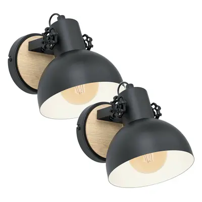 2 PACK LED Wall Light / Sconce Black & Wood Round Adjustable Shade 10W E27