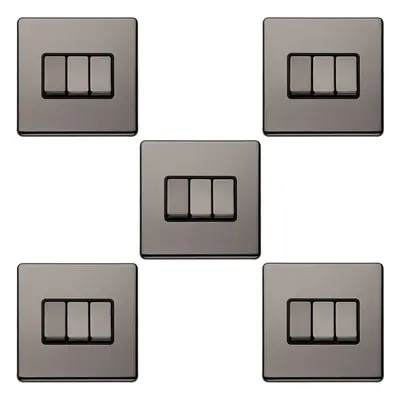 5 PACK Gang Triple Light Switch SCREWLESS BLACK NICKEL Way 10A Slim Rocker