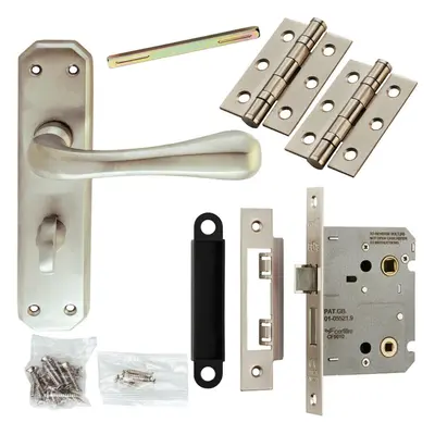 Door Handle & Bathroom Lock Pack Satin Chrome Heavy Duty Prism Thumb Backplate