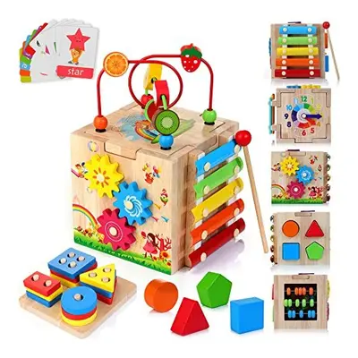 HELLOWOOD Wooden Activity Cube Baby Toys, 8-in-1 Montessori Educational Toy Set, Bead Maze Shape