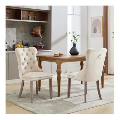 (Beige/2pc) Upholstered Velvet Dining Chairs, Button Tufted Kitchen Lounge Chairs