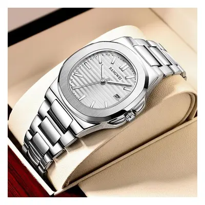 (silver,white) Lige New Men Watch Fashion Casual Square Stainless Steel Quartz Watch Sport Water