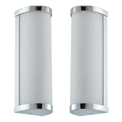 2 PACK IP44 Bathroom Wall Light Chrome & Frosted Glass Modern Twin Curved Lamp