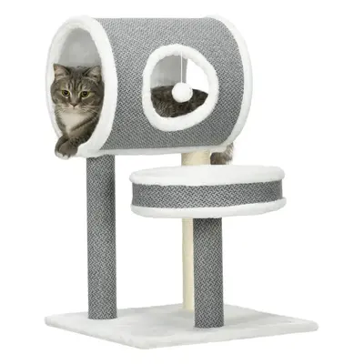 PawHut Cat Tower with Scratching Post, Cat Bed, Cat Tunnel, Toy Ball - White