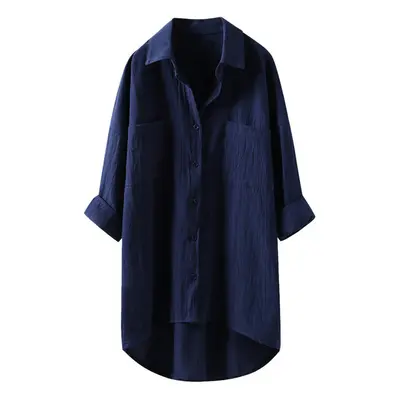 (Blue, L) New Oversized Fashion Women Shirts Ladies Tops Summer Button Up Shirt Casual Cotton Li