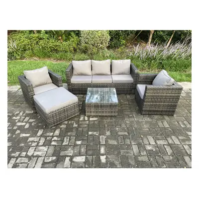 Fimous Rattan Garden Furniture Set Patio Outdoor Lounge Sofa Set with Armchairs Square Coffee Ta