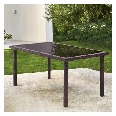 (Brown) Rectangle Tempered Glass Rattan Outdoor Garden Dining Table