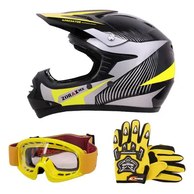 (Yellow, S) ZORAX X19 Kids Motocross MX Helmet Motorbike Gloves Goggles