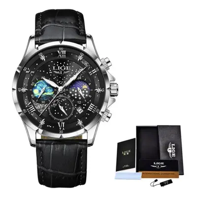 (silver,black) Lige New Fashion Men Watch Luxury Business Starry Sky Leather Men Quartz Watch Ni