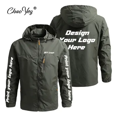 (Army Green, (EU XXL)) DIY Autumn New Men Waterproof Hooded Custom Logo Windbreaker Jacket Coat 