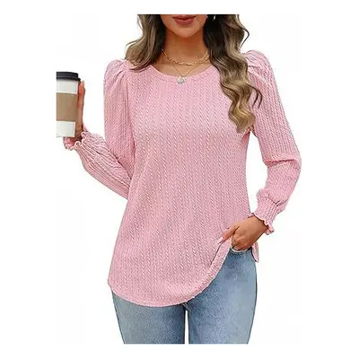 (L, Pink) Women Round Neck Elegant Knitted Top Women Versatile Long Sleeve Casual Shir