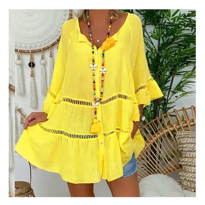 (Yellow, XL) Summer Loose Casual Women's Tops And Blouses Three Quarter Sleeve Cotton Linen Shir