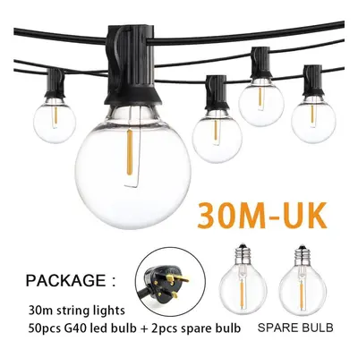 (30m UK Pulg) 7.6m 15m 30m Led String Lights 50leds E12 G40 Bulb Pc Lampshade Waterproof Garden 