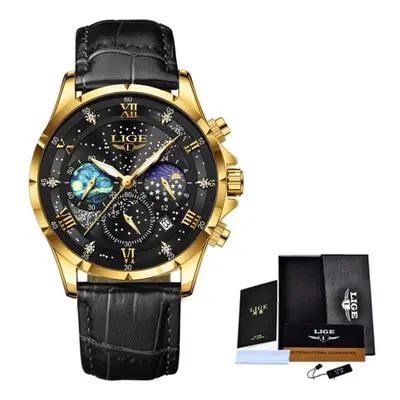 (black,gold) Lige New Fashion Men Watch Luxury Business Starry Sky Leather Men Quartz Watch Nigh