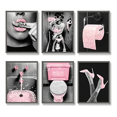 Fashion Wall Art Bathroom Decor Prints Set of Pink Glam Glitter Tissue Canvas Posters Pictures P