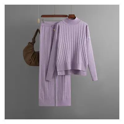 (light purple, OneSize) Fall Winter Lazy Wind Loose Half High Collar Pulllover Sweater Suit Wome