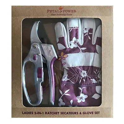 Ladies Leather Gardening Glove & Advanced 2-in-1 Ratchet Secateurs (Great for Weaker Hands) Set 