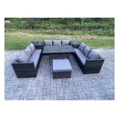 Fimous Outdoor PE Wicker Garden Furniture Rattan Lounge Sofa Set Patio Rectangular Dining Table 