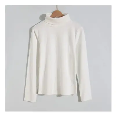 (WHITE, L) Spring Autumn Women's Clothing Solid Color Pullover Long Sleeve Comfortable Half High