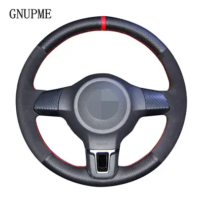 (Red Thread) DIY Black Genuine Leather Suede Car Steering Wheel Cover for Volkswagen