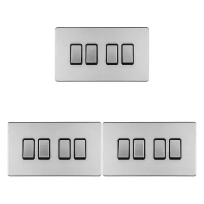 3 PACK Gang Quad Light Switch SCREWLESS SATIN STEEL Way 10A Slim Rocker