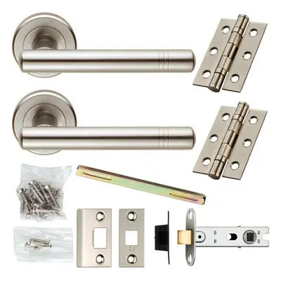 Door Handle & Latch Pack Satin Chrome Modern T Bar Lever Screwless Round Rose