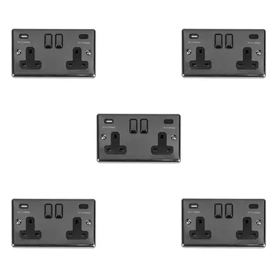 5 PACK Gang Double UK Plug Socket & Dual 3.1A USB-C BLACK NICKEL 13A Switched