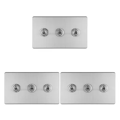 3 PACK Gang Triple Retro Toggle Light Switch SCREWLESS SATIN STEEL 10A Way