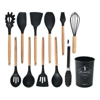 (black, 12pcs (with storage bucket )) Non-stick Silicone Kitchenware Cooking Utensils Set Cookwa