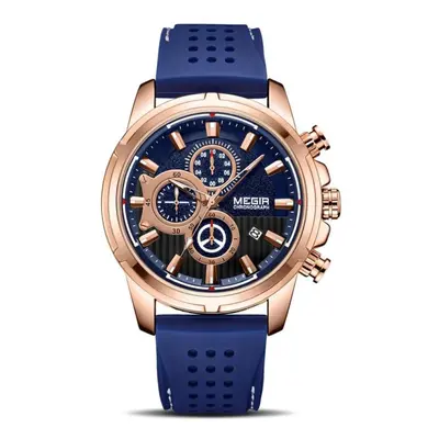 (rose,blue) Mens Watches Top Brand Luxury Megir Silicone Military Sport Watch Chronograph Stopwa