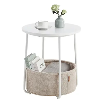 (White Beige) Side table, round table with fabric basket