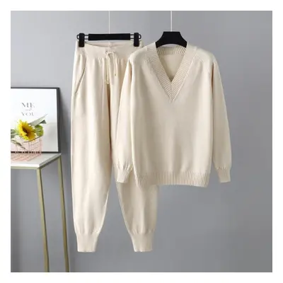 (apricot, OneSize) Autumn Winter V Neck Solid Color Long Sleeve Sweater Haren Pants Sets For Lad