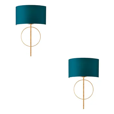 2 PACK Antique Gold Leaf Wall Light & Teal Satin Shade Dimmable Filament Lamp