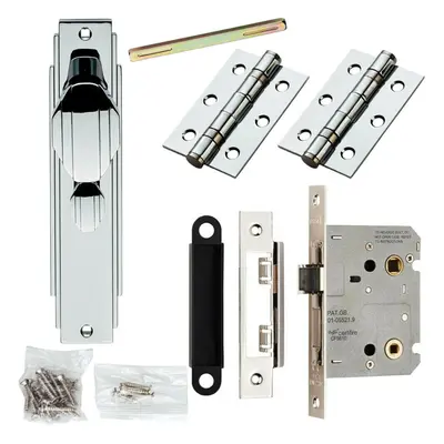 Door Knob & Bathroom Lock Pack Chrome Art Deco Premium Thumb Turn Backplate