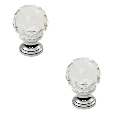 2x Faceted Crystal Cupboard Door Knob 31mm Dia Polished Chrome Cabinet Handle