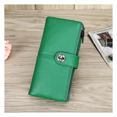 (green) Genuine Leather Women Long Wallet With Zipper Phone Pocket Money Bag With Airtag Slot Fe