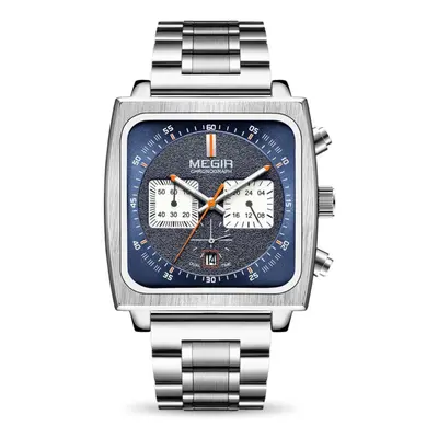 (Silver Blue) MEGIR Men&apos;s Rectangle Business Work Analogue Quartz Chronograph Luminous Spor