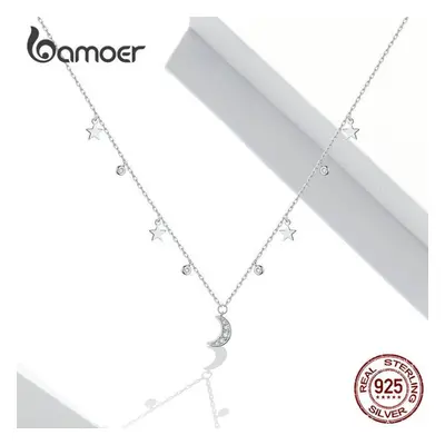 (925 silver) Bamoer 100% Real Sterling Silver Shiny Moon & Stars Necklace For Women Simple Exqui